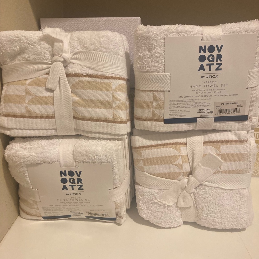 Novogratz by Utica 4-Piece Hand Towel Set White Beige Geometric Cotton NWT